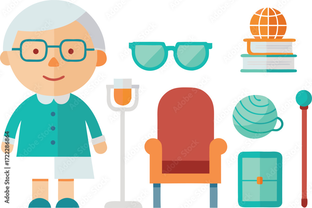 Poster grandparents day vector icons set featuring senior couple objects and elements isolated on transpare
