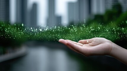 Hand Reaching for Green Hologram Particles Against Blurred Cityscape Background