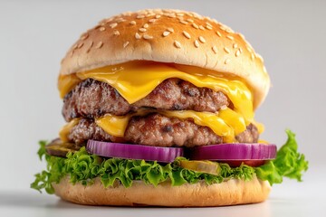 Double Cheeseburger With Lettuce and Onion Rings
