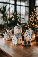 A charming display of white ceramic houses, dotted with black, sits on a light wooden table, surrounded by holiday greenery and warm holiday lights.