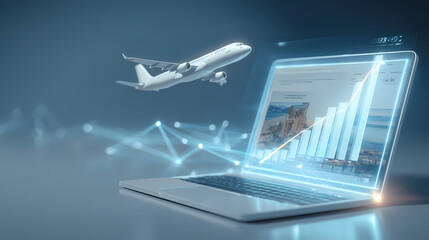 Travel Industry Growth Airplane Soaring Above Laptop Displaying Financial Charts