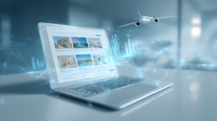 Travel Planning Online Laptop Displaying Hotels with Airplane Graphic
