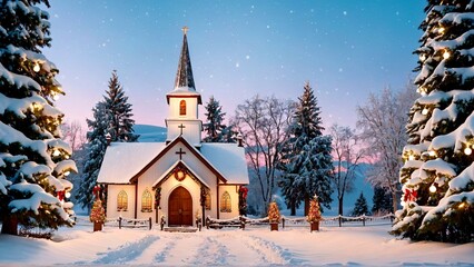 Enchanting snow-covered church adorned with festive Christmas lights and trees creates a magical winter wonderland scene