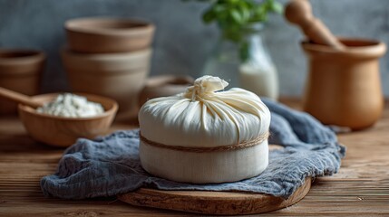 Artisan cheese making process showcasing fresh homemade soft cheese wrapped in cloth on rustic wooden surface with kitchen tools