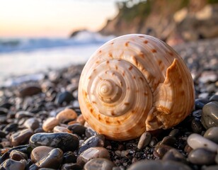 Seashell on a pebble beach at sunset (1)