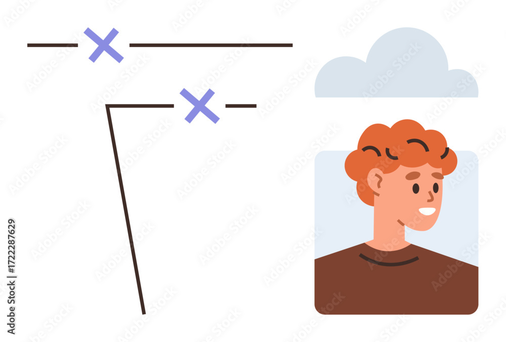 Poster profile picture of smiling person adjacent to a cloud icon, connected by lines and crosses. ideal fo