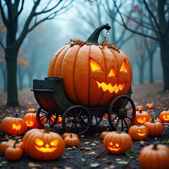 Naklejka premium A giant pumpkin carriage surrounded by smaller glowing pumpkins, fantasy Halloween fairytale vibes.