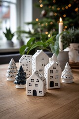 A charming collection of miniature, white houses and Christmas trees, decorated with black polka dots, sits on a light wooden surface, bathed in ambient light.