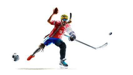 Multi sports. Boxing, gym, basketball, soccer, cycling, ice hockey, fitness, american football, skateboarding, baseball, volleyball etc. Funny collage of many kinds of sports and hobbies in one person