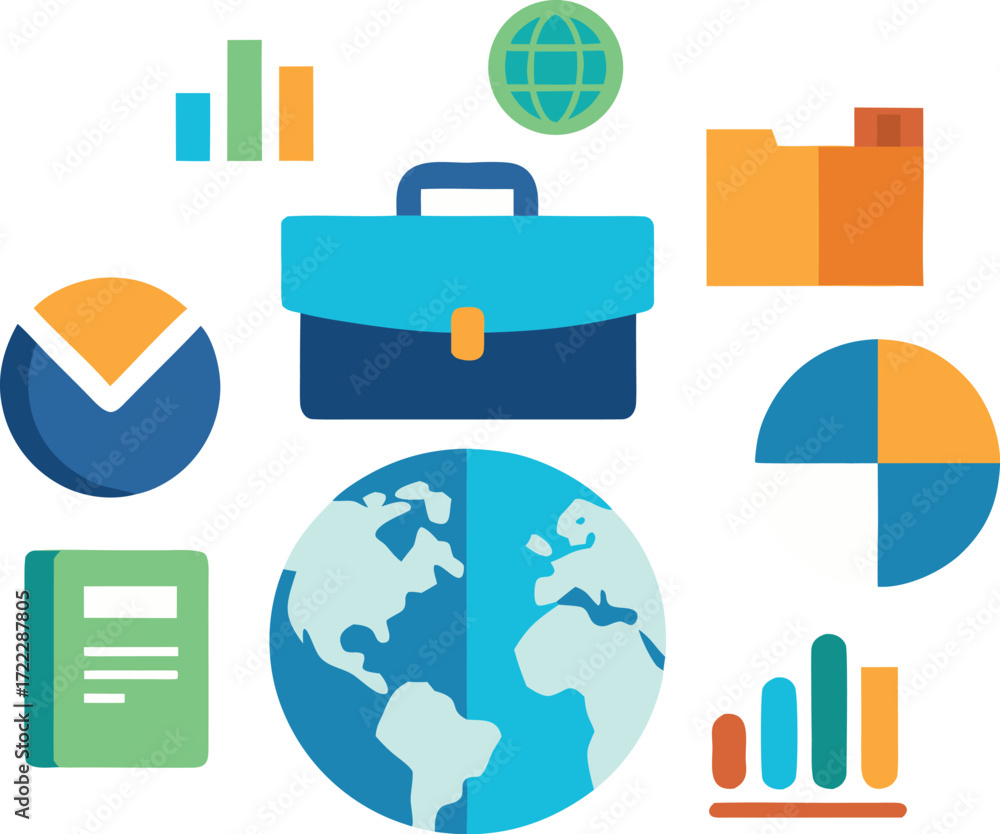 Poster global business icons set vector illustration scalable eps for business analytics and finance isolat