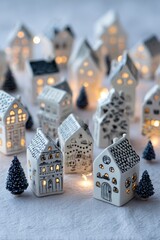 A charming collection of miniature ceramic houses, illuminated by warm lights, showcasing detailed hand-drawn designs and a cozy holiday ambiance.