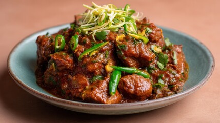 Fototapeta premium Dish With Spicy Meat, Chilies, and Sliced Ginger