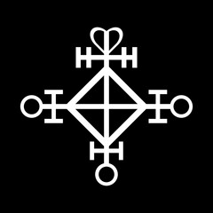Sacred geometry mandala with mystical symbols and cross elements on black background. Spiritual esoteric design for meditation, wellness and alternative healing practices.