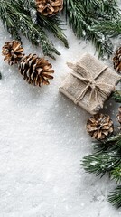 A beautifully arranged flat lay featuring a wrapped gift, pinecones, and evergreen branches, perfect for capturing the essence of festive celebrations and winter charm.