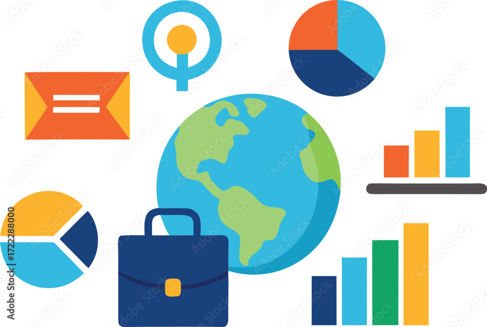 Poster global business vector icons earth planet graph illustration eps scalable digital isolated on transp