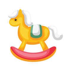 A yellow rocking horse with white mane and tail on a red and orange base