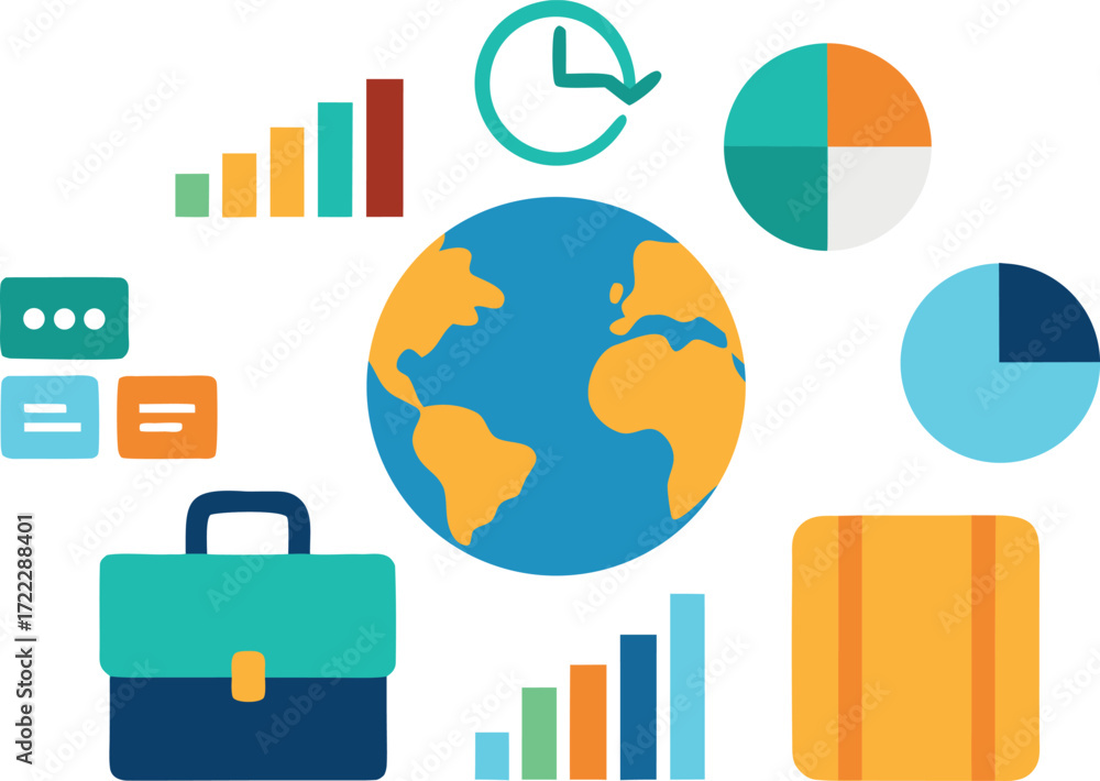 Poster global business icons vector illustration earth planet graph suitcase eps scalable illustration isol