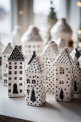 A charming collection of small, white ceramic houses, decorated with black polka dots and simple Christmas trees, sits on a white surface.