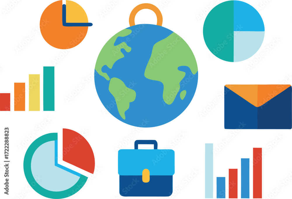 Poster global business icons vector set earth planet graph icons illustration eps scalable isolated on tran