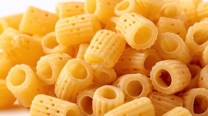 Close-up shot of uncooked, cylindrical rigatoni pasta. Golden, textured shapes