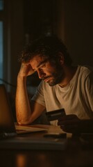 A man appears stressed while using a laptop at home, holding a credit card in low light, reflecting a moment of contemplation and financial decision-making.