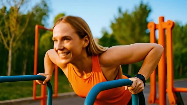 Smiling Woman Performing Triceps Dips on Parallel Bars at Outdoor Park Gym for Strength Training and Fitness