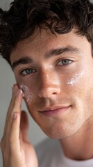 Obraz premium A young man applying facial cream to his skin, showcasing a natural beauty routine that involves skincare for a healthy complexion and vibrant appearance, promoting self-care rituals.