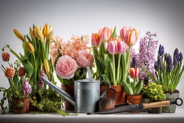Obraz premium Spring flowers and gardening tools arranged on a white surface.