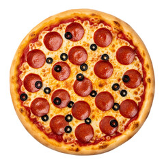 Delicious pepperoni pizza with black olives isolated on transparent background, a classic italian dish loved by many people worldwide
