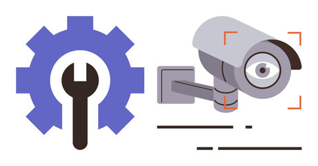 Gear with wrench alongside CCTV camera in focus, visualizing security, surveillance, and system maintenance. Ideal for technology, repair, monitoring, protection, IT services safety and system