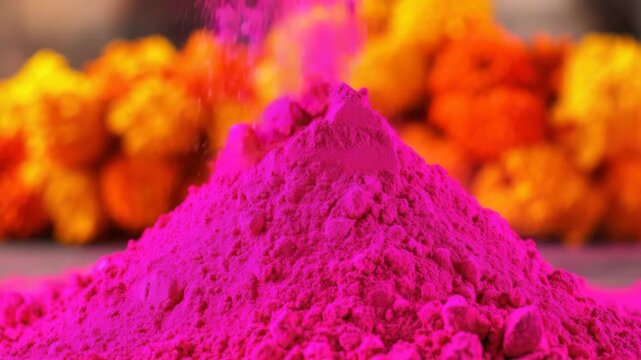 Vibrant pink granulated powder with particles visible against backdrop of pastel colors.