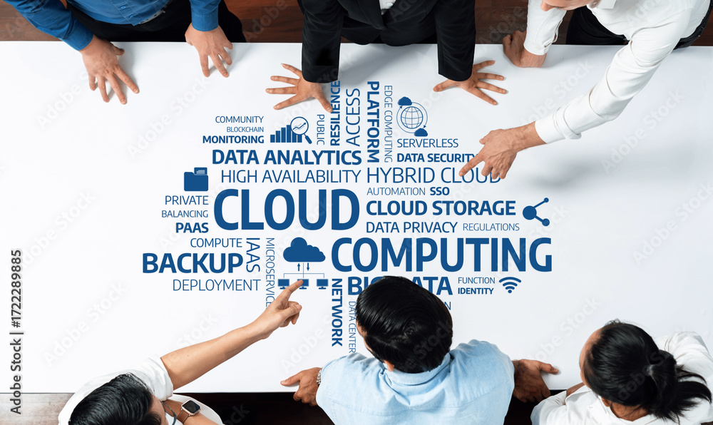 Poster a diverse group of professionals collaborates over a table displaying cloud computing concepts, focu
