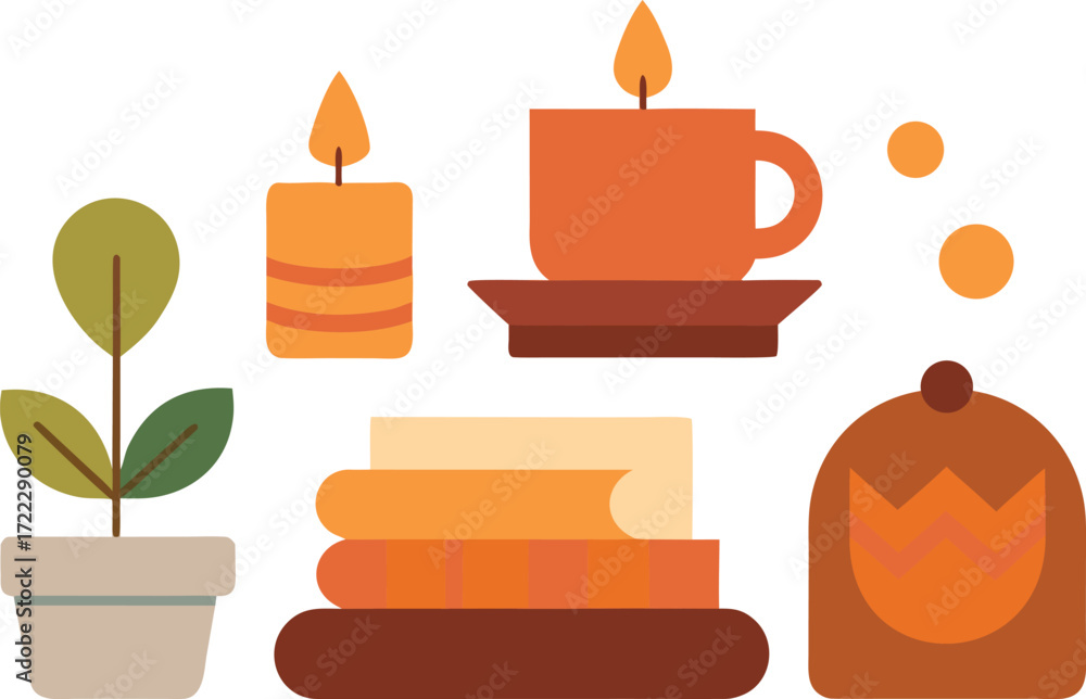 Poster cozy fall home autumn elements vector illustration scalable eps icon set isolated on transparent bac