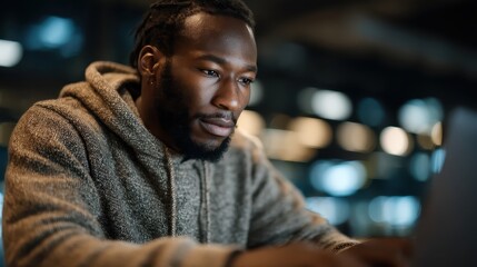 Focused young man working on laptop in a modern workspace, wearing a cozy sweater, engaged in creative or professional task during late hours
