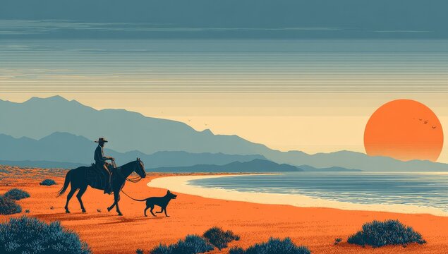Silhouette of cowboy and dog on horseback at sunset beach - Powered by Adobe