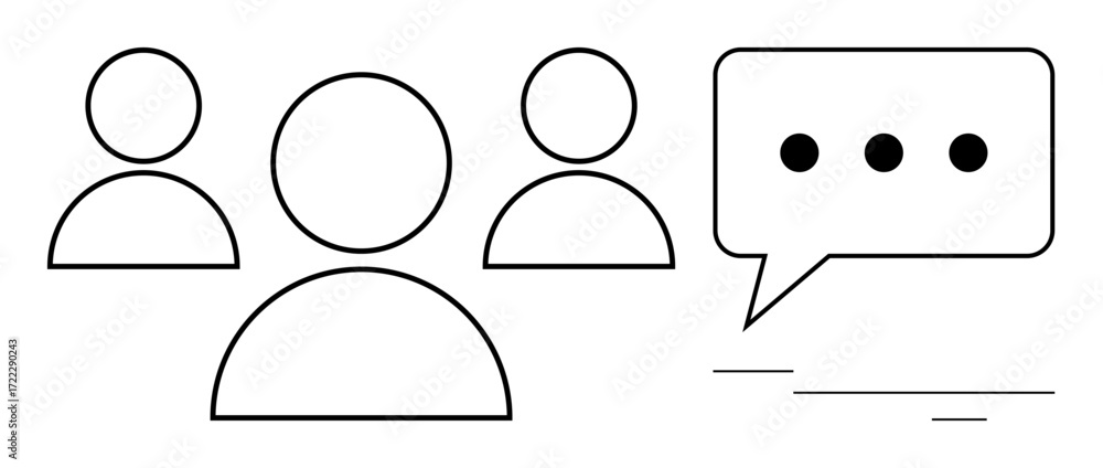 Poster three outlined figures next to a speech bubble with three dots representing dialogue, teamwork, enga