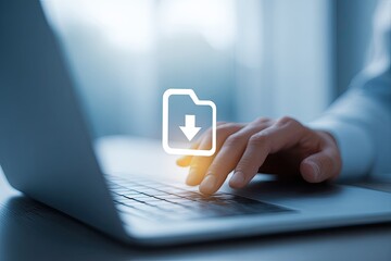 Close-up of a person downloading a file on a laptop.  A white folder icon with a downward arrow overlays the laptop keyboard
