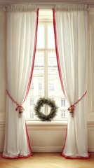 Elegant white curtains with red trim frame a window adorned with a festive Christmas wreath.