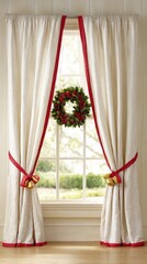 Cream-colored curtains with red trim, adorned with a holly wreath and gold bells, create a festive holiday window display.
