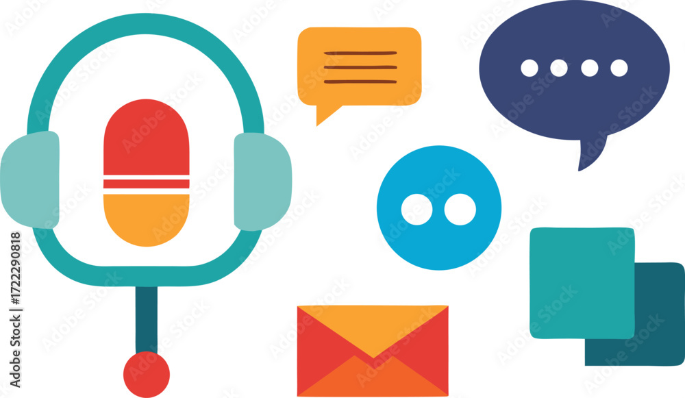 Poster vector communication icons set microphone phone chat message audio voice recording isolated on trans