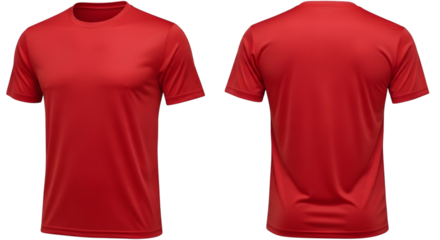 Front and back view of a plain red tshirt isolated on transparent background, showcasing its design and texture for apparel or fashion concepts