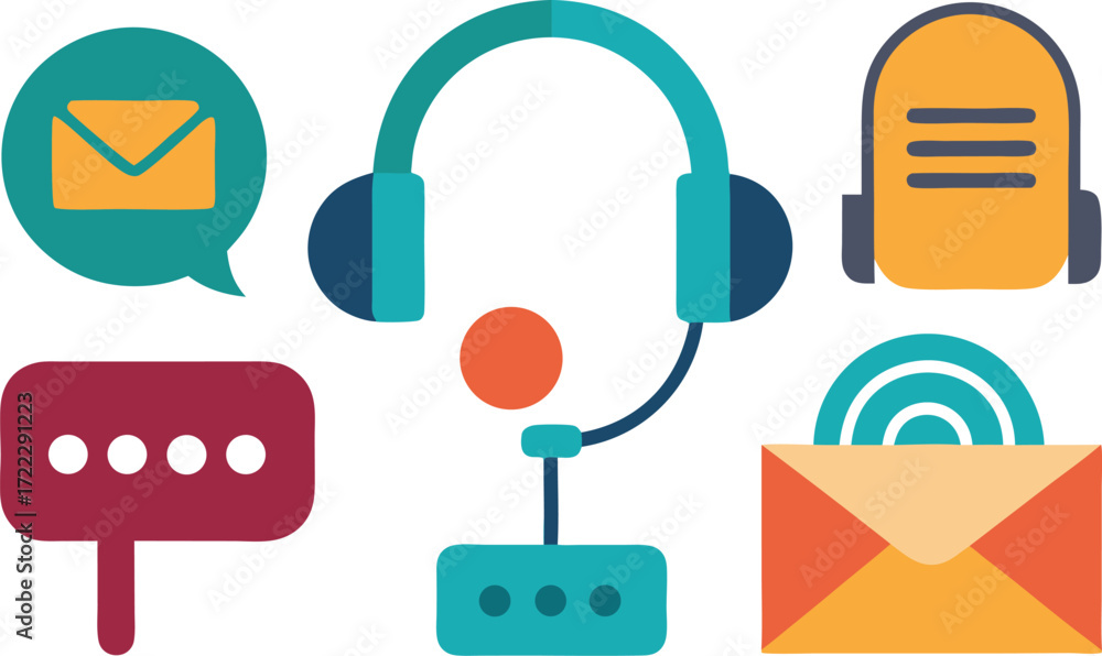 Poster communication and contact icons vector set microphone phone mail and chat symbols for digital media 