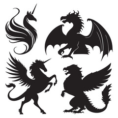 Obraz premium Heraldic lion vector illustration of a winged dragon silhouette symbol with medieval tattoo art design