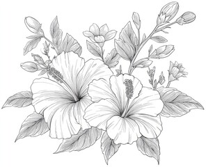 Detailed black and white botanical illustration of a hibiscus flower bouquet.  Intricate line art depicts multiple hibiscus blossoms, buds, and foliage