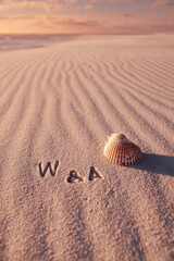 W and A Initials Written into Pale Beige Sand with Clean Thin Grooves and Gentle Coastal Ambience – great for couples keepsakes