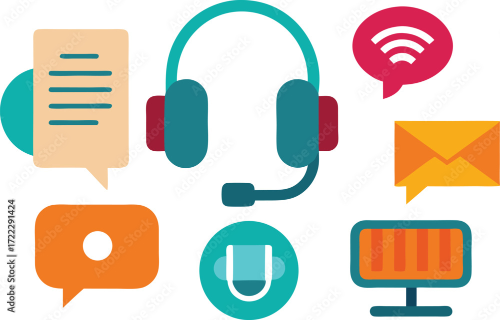 Poster set of communication icons microphone phone and more vector illustration for digital graphics isolat