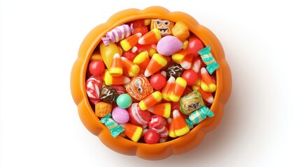 Pumpkin cup filled with assorted Halloween candy, flat design, top view, vibrant hues, isolated on white background.