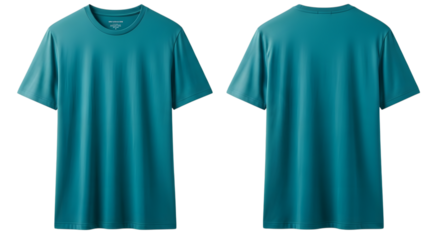 Front and back view of a plain teal shortsleeved tshirt, isolated on transparent background