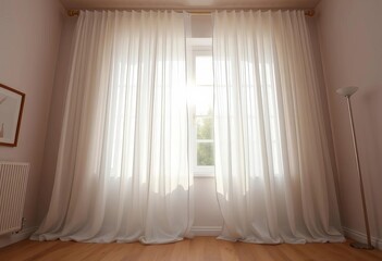 Sunlight streams through billowing white curtains in a bright room,   home staging,  living room