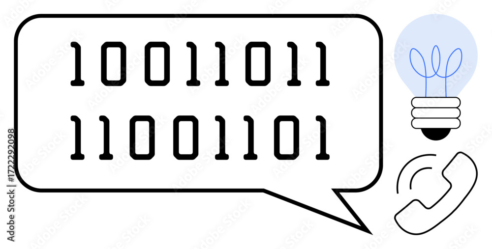 Poster binary code inside a speech bubble alongside a glowing light bulb and phone icon. ideal for technolo